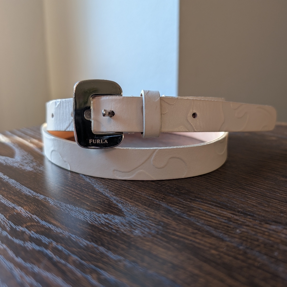 Furla Off White Ivory Cream Embossed Leather Skinny Belt
